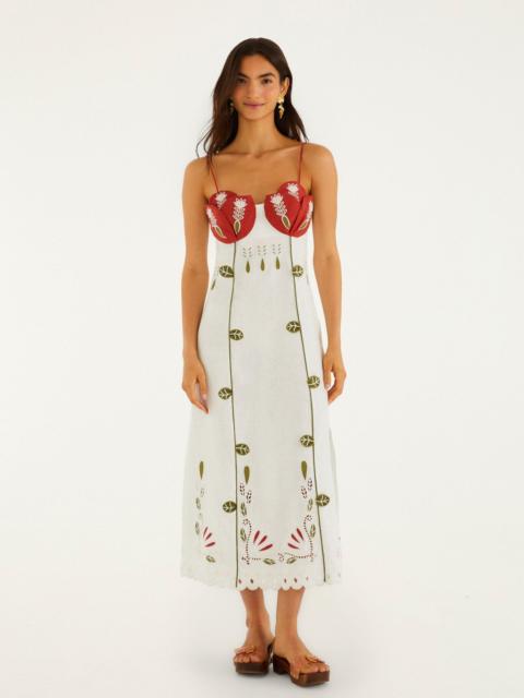 FARM RIO Off-White Tulip Richelieu Embroidered Midi Dress