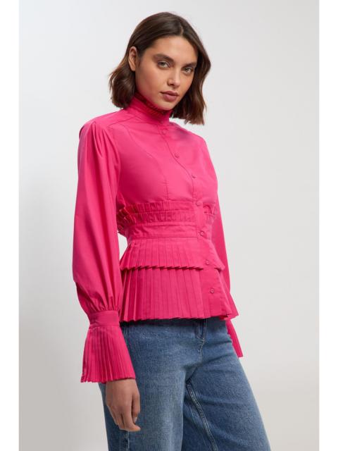 KAREN MILLEN Cotton Poplin Tiered Ruffle Detail Long Sleeve Woven Blouse