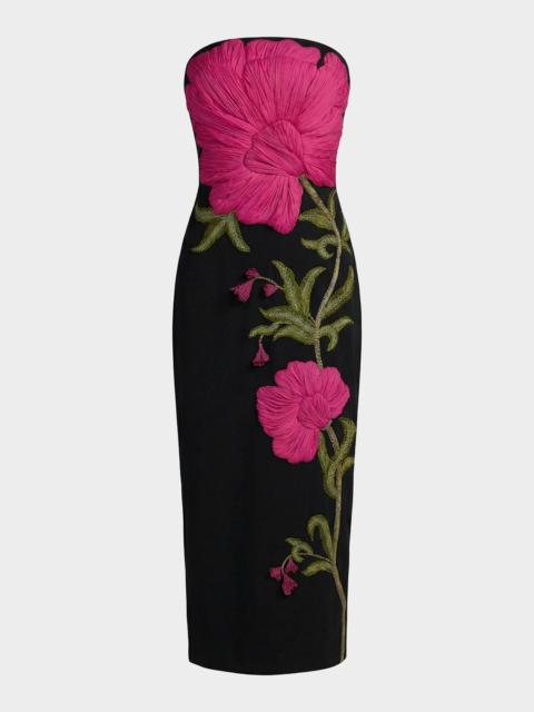 MAC DUGGAL Strapless Floral-Embroidered Crepe Midi Dress