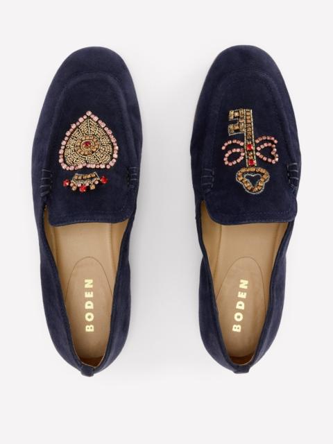 BODEN Dinah Embellished Loafers-Navy Heart and Key