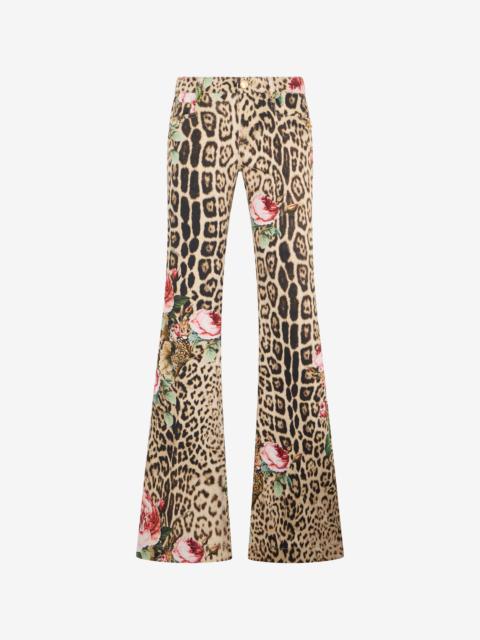 Roberto Cavalli Jaguar Roses Print Flared Jeans