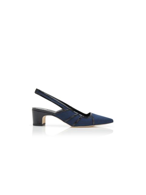 Manolo Blahnik Navy Blue and Black Linen Geometric Slingback Pumps