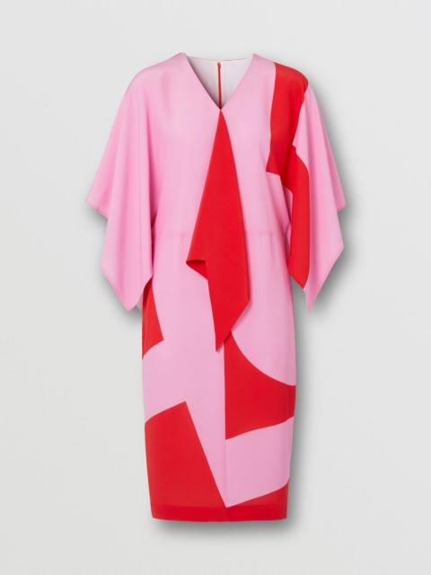Burberry Cape Sleeve Geometric Print Silk Crepe de Chine Dress