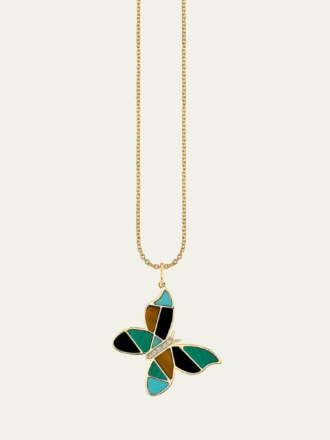 SYDNEY EVAN Mosaic Gemstone Butterfly Pendant with Diamonds on Tiffany Chain Necklace
