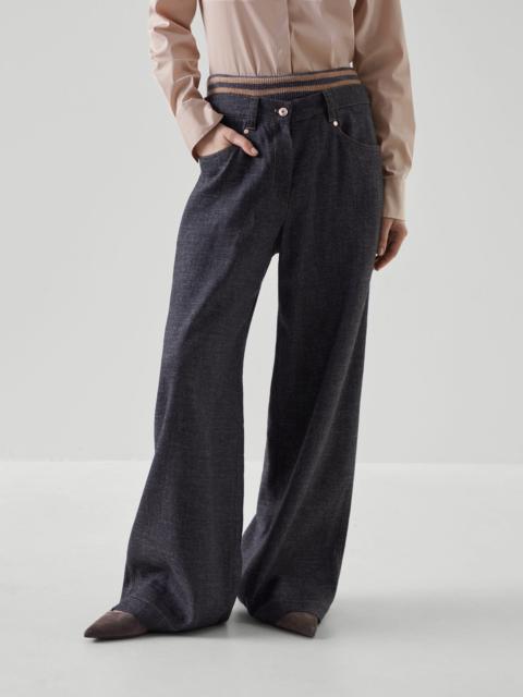 Comfort viscose, linen and virgin wool grisaille wide five-pocket trousers with striped knit insert 
