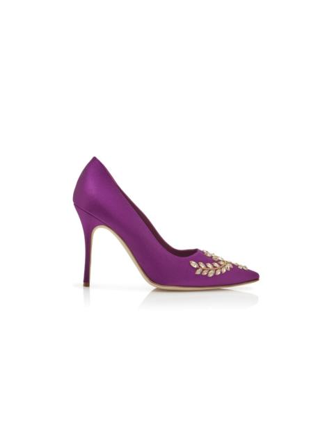 Manolo Blahnik Purple Satin Embroidered Pumps