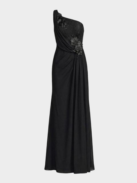 MAC DUGGAL Draped One-Shoulder Beaded Jersey Gown