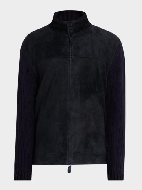 EMPORIO ARMANI Men's Suede and Wool-Knit Full-Zip Jacket
