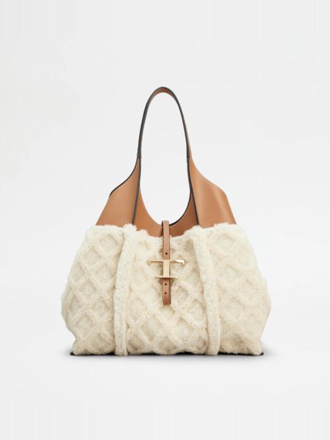 Tod's T TIMELESS SHOPPING BAG IN LEATHER AND SHEARLING MEDIUM - BROWN, OFF WHITE