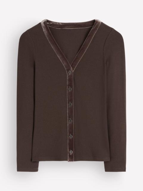 BODEN Velvet Trimmed V-Neck Top-Bitter Chocolate