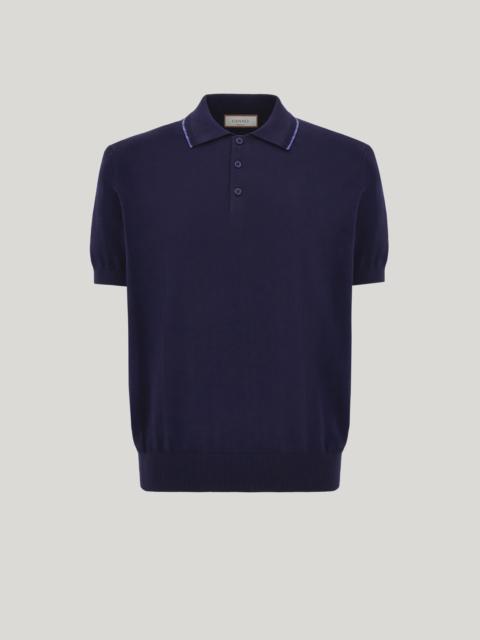 Canali BLUE GARMENT-DYED GIZA COTTON POLO SHIRT WITH CONTRASTING PIPING