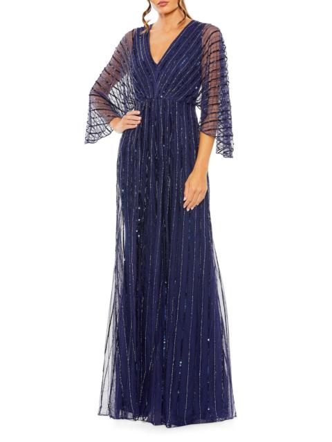 MAC DUGGAL Women's Wide-Sleeve Sequin Beaded Gown - Navy
