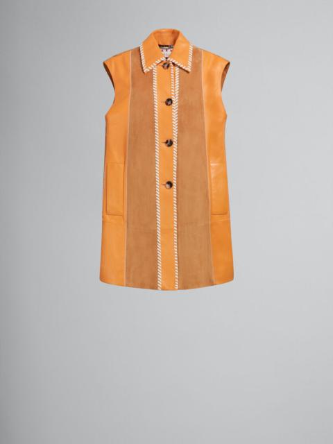 ORANGE SUEDE AND NAPPA PATCHWORK DRESS