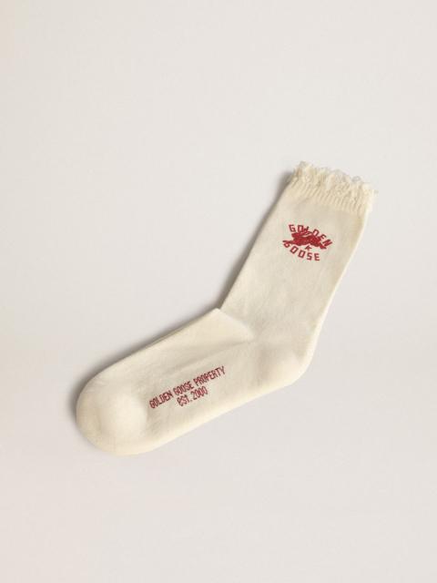 Golden Goose Heritage white socks with frayed edges and CNY logo