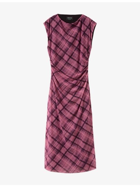 WHISTLES Twist-Check Short-Sleeve Stretch-Mesh Midi Dress