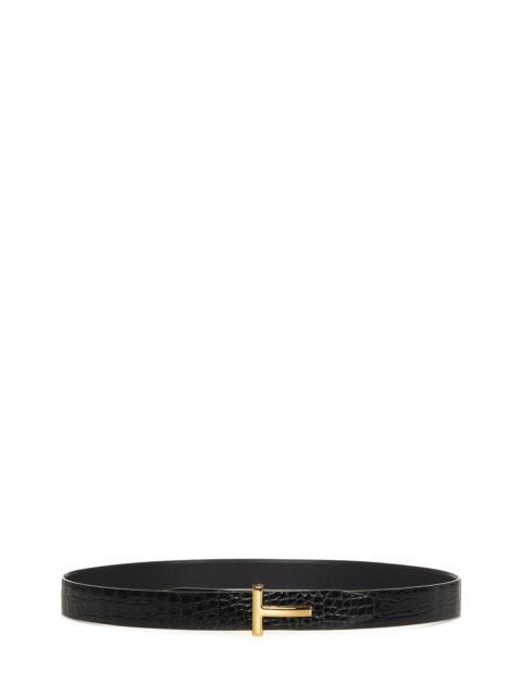 TOM FORD Reversible belt in black caiman leather and smooth leather with T-buckle.