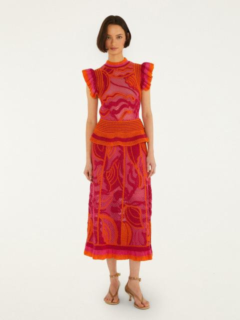 FARM RIO Pink And Orange Seashell Crochet Midi Skirt