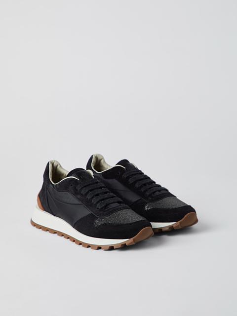 Suede and techno fabric runners with precious toe