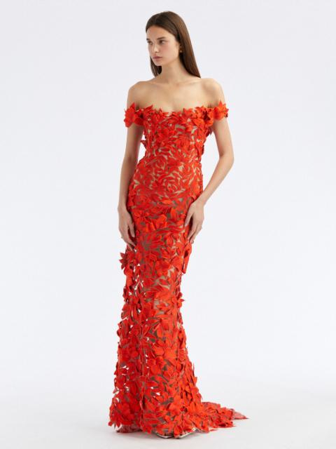 Oscar de la Renta OFF SHOULDER FLORAL THREADWORK GOWN