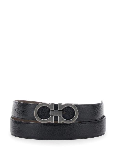 FERRAGAMO Reversible Belt With Gancini Buckle Grained Black Leather For Men Calf