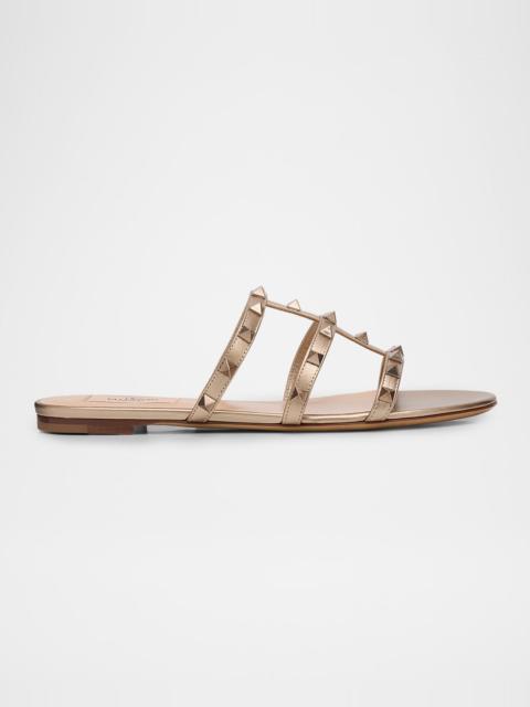 Valentino 5mm Rockstud Metallic Leather Flat Slide Sandals