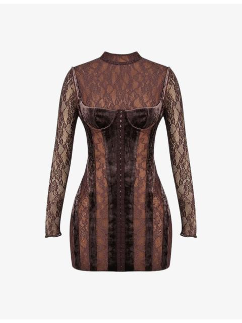 House of CB Marica crushed-velvet stretch-lace mini dress