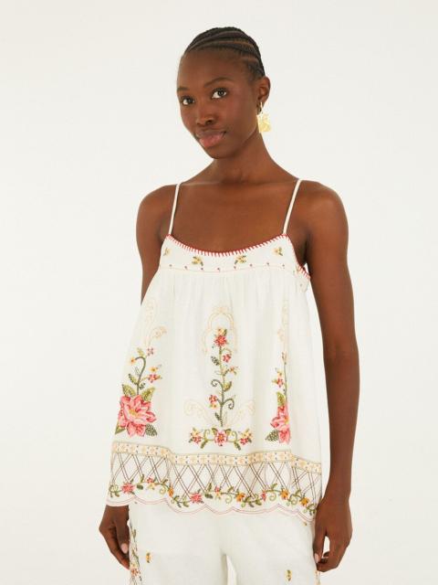 FARM RIO Off-White Flower Embroidery Open Back Sleeveless Blouse