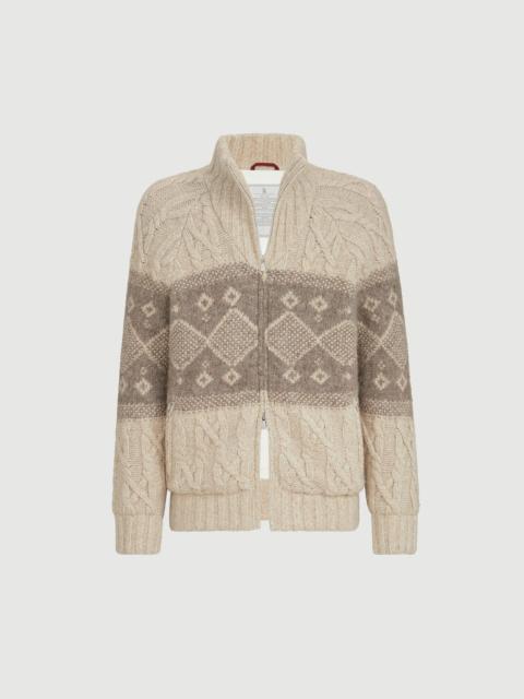 Brunello Cucinelli Virgin wool, silk and cashmere chiné cable knit down jacket with intarsia
