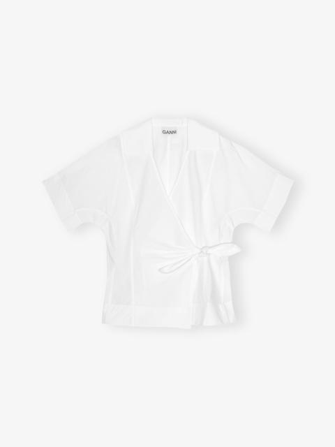 GANNI WHITE COTTON POPLIN WRAP BLOUSE
