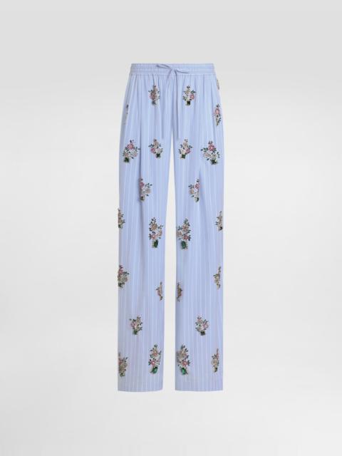 Dolce & Gabbana Striped poplin trousers with crystal flower embroidery