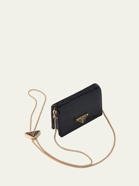 Prada Triangle Logo Sequin Card Holder with Chain Strap