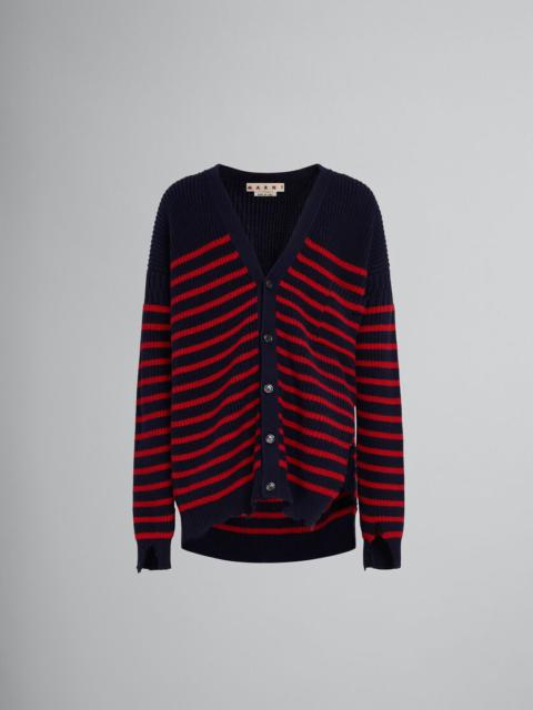 BLUE WOOL AND COTTON STRIPED FISHERMAN CARDIGAN