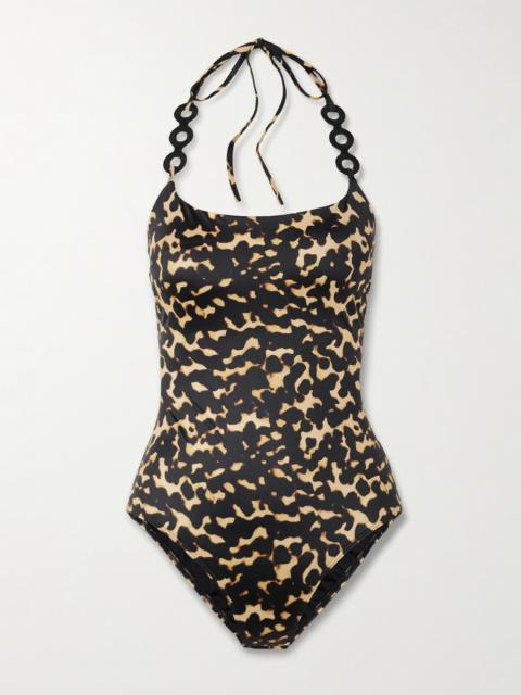 STAUD Laird Embellished Printed Halterneck Swimsuit
