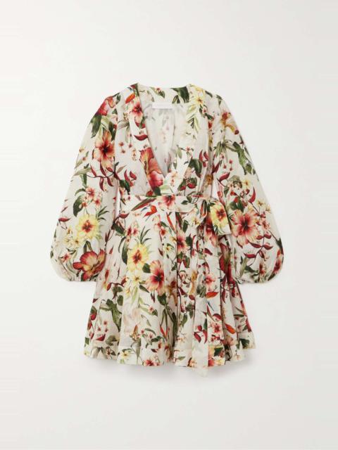 Lexi belted floral-print linen mini wrap dress