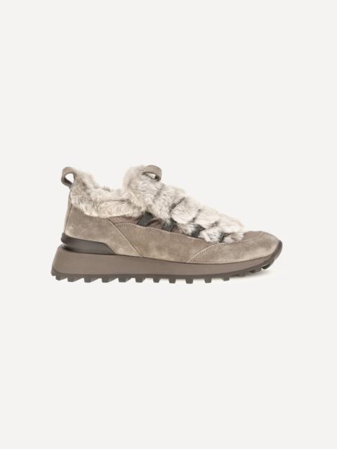 Brunello Cucinelli Suede and tech cotton Sneakers with shearling lining and monili detail