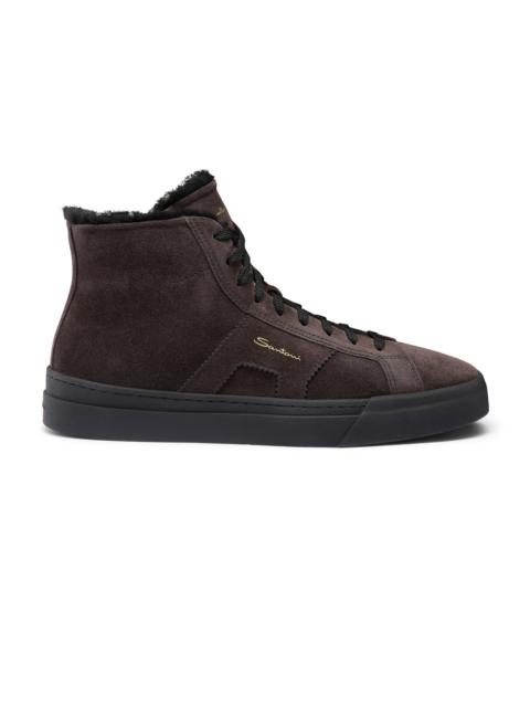 Men’s grey suede high top double buckle sneaker with fur