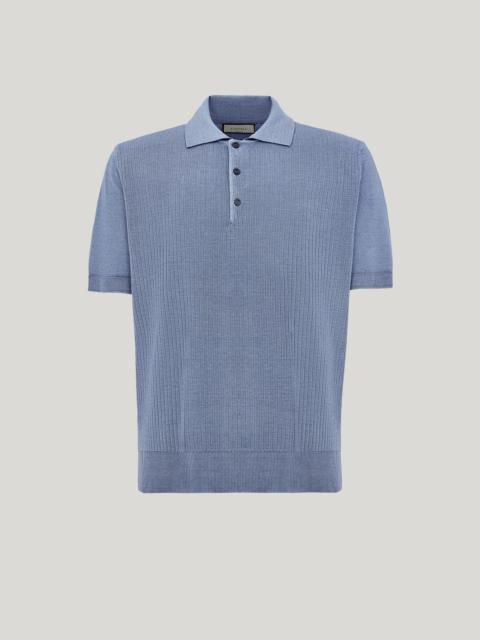 Canali AIR FORCE BLUE WOOL AND SILK FLAT-RIB POLO SHIRT