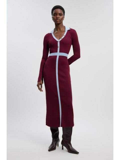 KAREN MILLEN Knit Rib With Contrast Waist Detail Collared Midi Dress