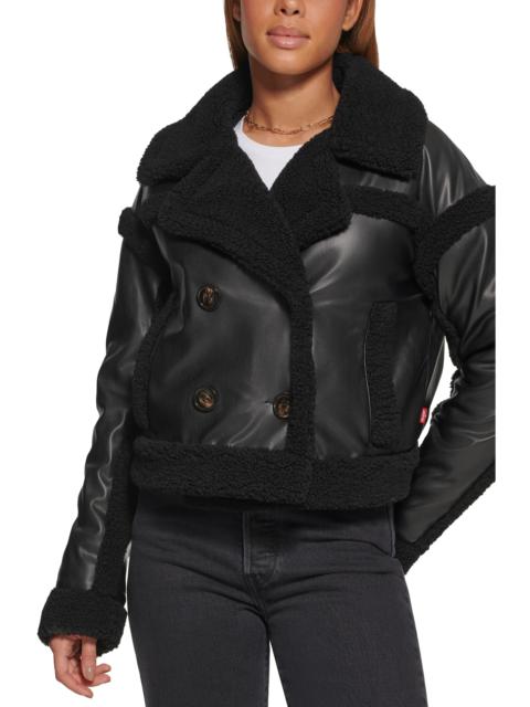 Shortie High Pile Fleece Trim Faux Leather Jacket