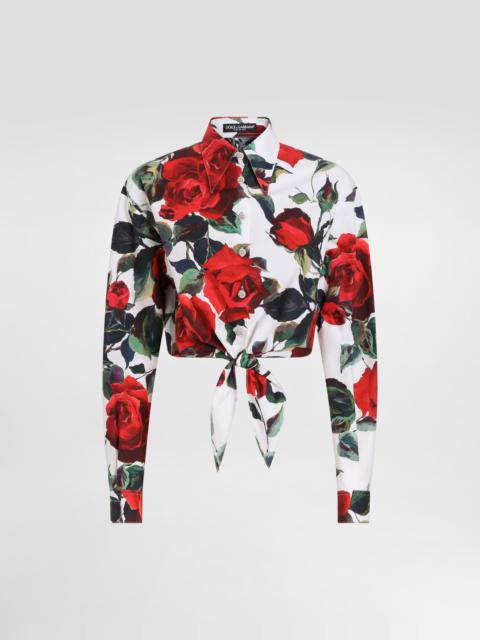 Dolce & Gabbana Cropped cotton pussy-bow shirt with rose print
