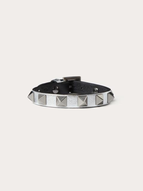Valentino LEATHER ROCKSTUD BRACELET WITH ANTIQUE SILVER-FINISH STUDS