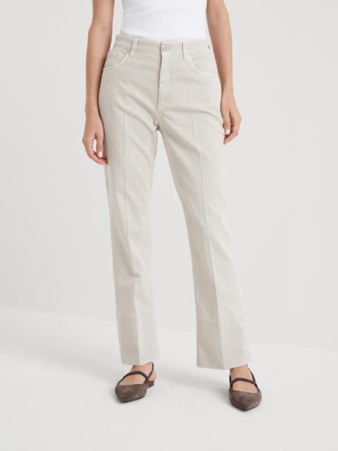 Brunello Cucinelli Garment-dyed kick flare trousers in comfort soft denim with shiny tab