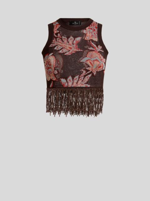 Etro CROP TOP IN COTTON-BLEND JACQUARD WITH FRINGING AND FLORAL MOTIF