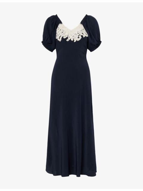 RIXO Ilaria Lace-Embroidery Silk Midi Dress
