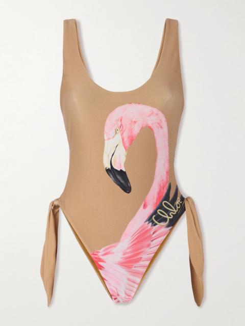 Chloé Tie-side cutout printed swimsuit Brown