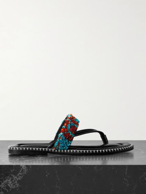 Dries Van Noten Embellished whipstitched leather sandals Turquoise