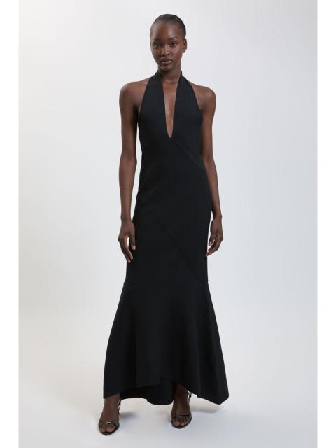 KAREN MILLEN Elegant Cross Halter Ribbed Knit Maxi Dress
