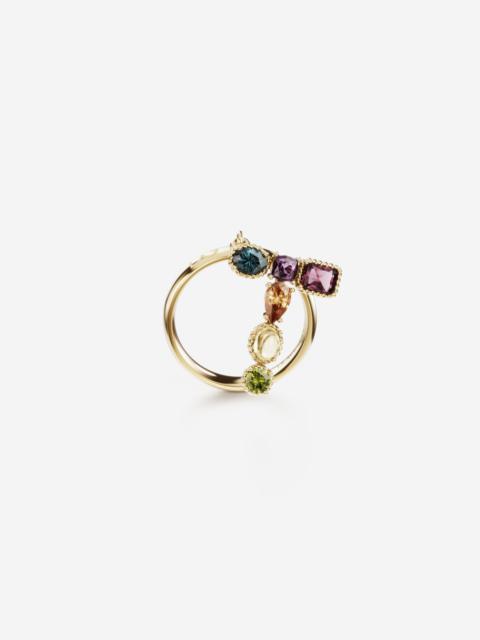 Rainbow alphabet T ring in yellow gold with multicolor fine gems