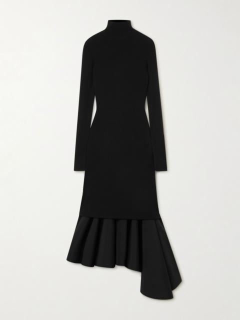 Bottega Veneta Asymmetric satin-trimmed ribbed-knit turtleneck midi dress Black