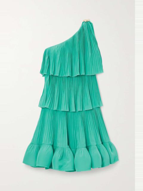 One-shoulder tiered ruffled charmeuse mini dress